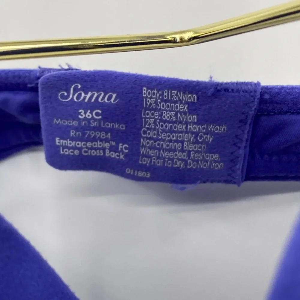 Soma Embraceable Full Coverage Bra Womens Sz 36C Periwinkle Blue Underwire Lined